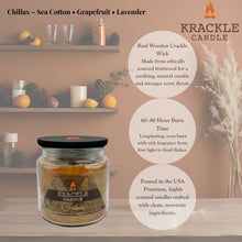 Load image into Gallery viewer, Krackle Candle | Chillax | 16 oz Scented Candle with Natural Crackling Wooden Wick | Poured in The USA | Sea Cotton, Grapefruit & Lavender Fragrance