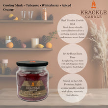 Load image into Gallery viewer, Krackle Candle | Cowboy Musk | 16 oz Scented Candle with Natural Crackling Wooden Wick | Poured in The USA | Tuberose, Winterberry & Spiced Orange Fragrance