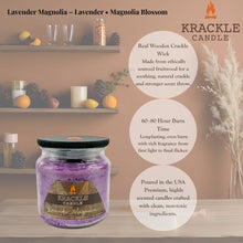 Load image into Gallery viewer, Krackle Candle | Lavender Magnolia | 16 oz Scented Candle with Natural Crackling Wooden Wick | Poured in The USA | Lavender & Magnolia Blossom Fragrance