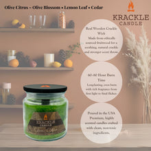 Load image into Gallery viewer, Krackle Candle | Olive Citrus | 16 oz Scented Candle with Natural Crackling Wooden Wick | Poured in The USA | Olive Blossom, Lemon Leaf & Cedar Fragrance