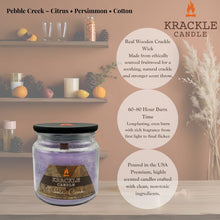 Load image into Gallery viewer, Krackle Candle | Pebble Creek | 16 oz Scented Candle with Natural Crackling Wooden Wick | Poured in The USA | Citrus, Persimmon & Cotton Fragrance