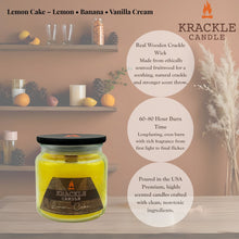 Load image into Gallery viewer, Krackle Candle | Lemon Cake | 16 oz Scented Candle with Natural Crackling Wooden Wick | Poured in The USA | Lemon, Banana &amp; Vanilla Cream Fragrance
