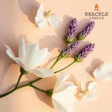 Load image into Gallery viewer, Krackle Candle | Lavender Magnolia | 16 oz Scented Candle with Natural Crackling Wooden Wick | Poured in The USA | Lavender &amp; Magnolia Blossom Fragrance
