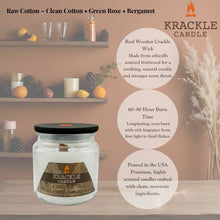 Load image into Gallery viewer, Krackle Candle | Raw Cotton | 16 oz Scented Candle with Natural Crackling Wooden Wick | Poured in The USA | Clean Cotton, Green Rose &amp; Bergamot Fragrance
